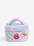 Girls smiley face makeup bag in faux fur polyester, imported from the UK