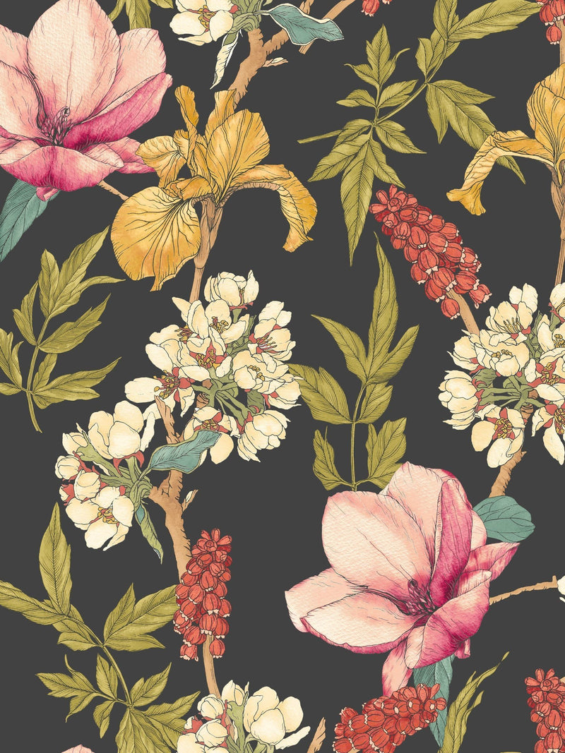 Hoopla Walls Ebony and Raspberry Orchid Bloom wallpaper 10m (British brand)