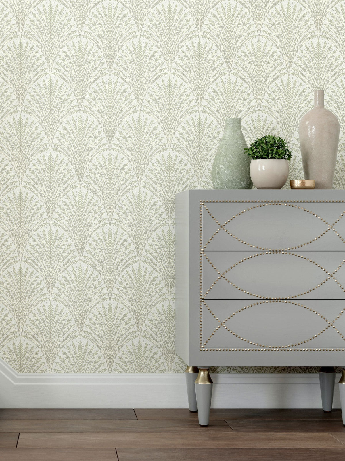 Hoopla Walls sage green leaf wallpaper 10 metres - British product