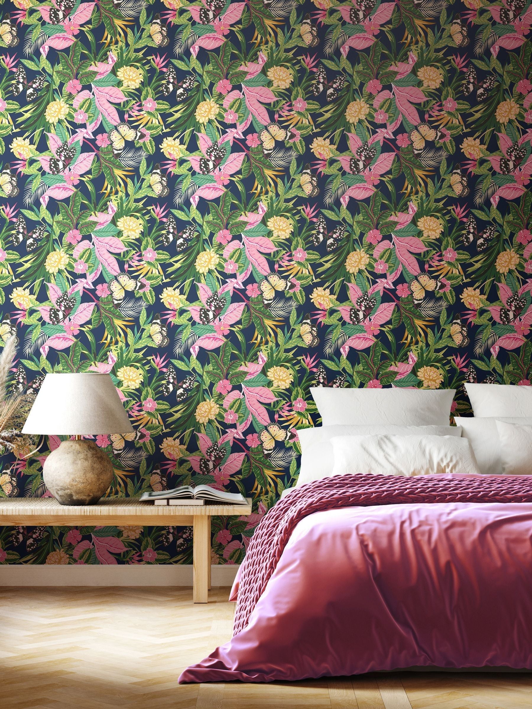 Hoopla Walls Indigo and Pink Paradise wallpaper 10m - British product