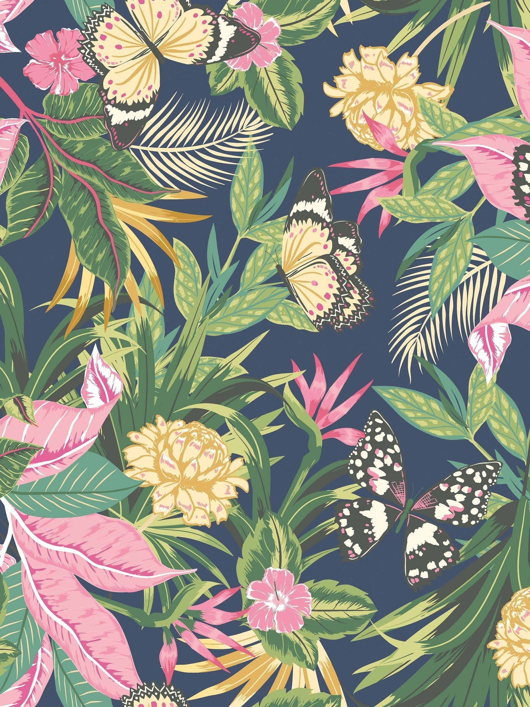 Hoopla Walls Indigo and Pink Paradise wallpaper 10m - British product