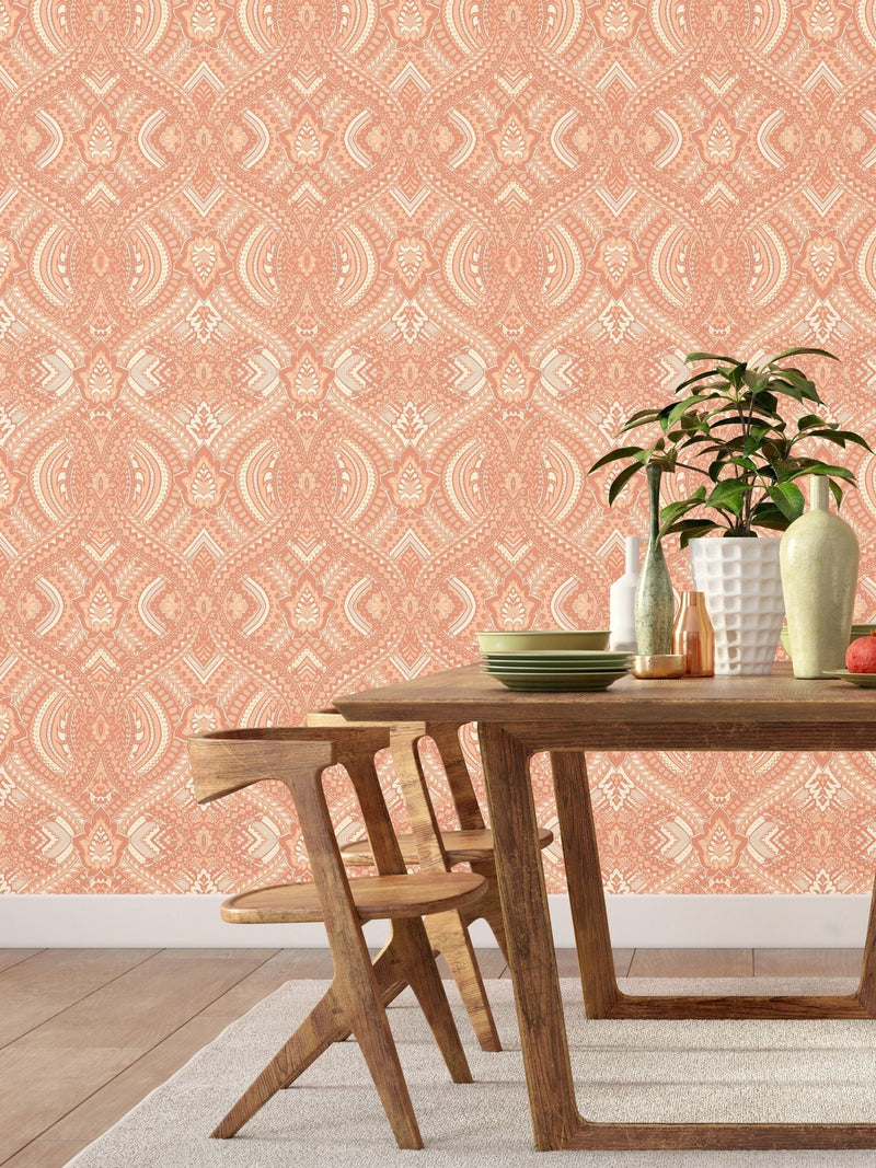 Hoopla Walls orange ogee damask wallpaper 10m - British product