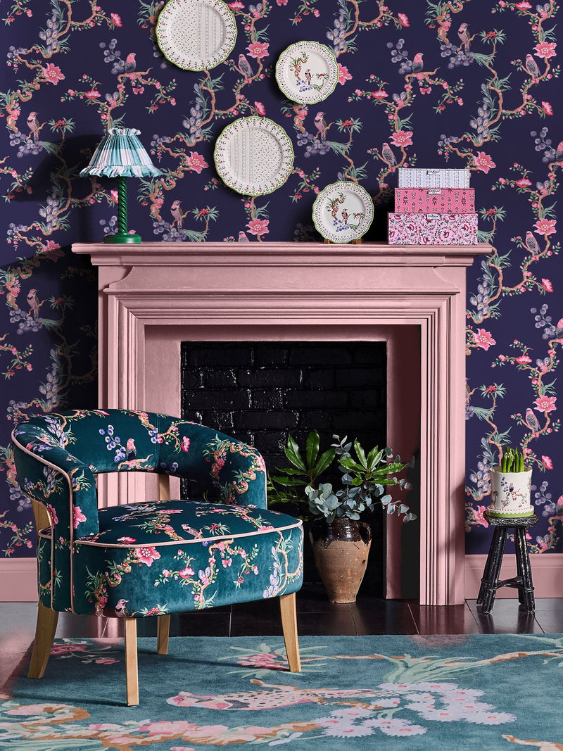 Cath Kidston Navy Birds & Berries wallpaper 10m roll, imported from the UK