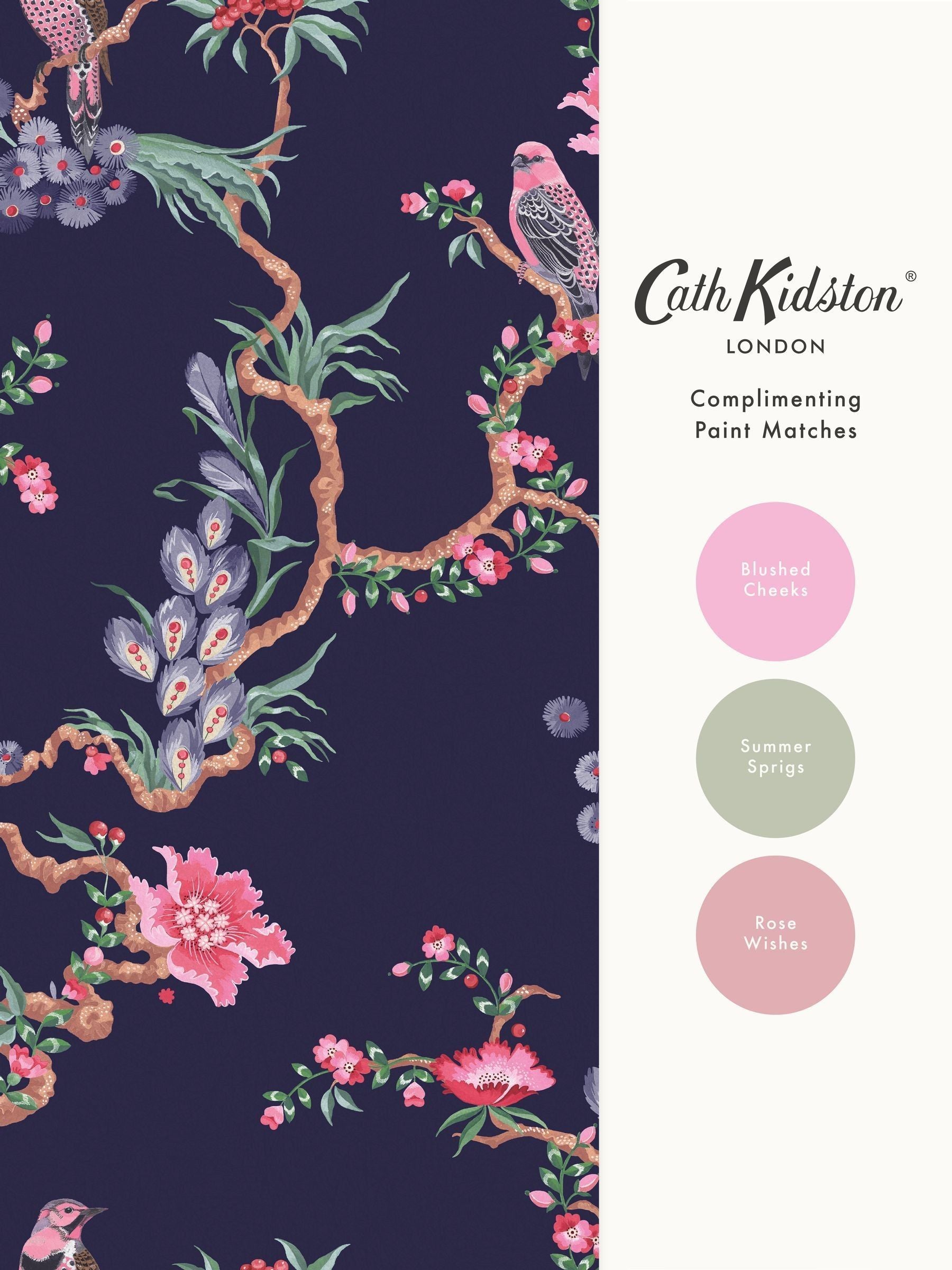 Cath Kidston Navy Birds & Berries wallpaper 10m roll, imported from the UK