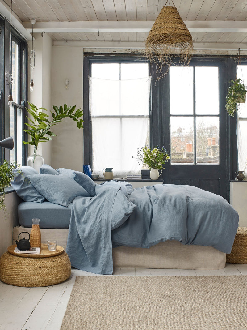 Piglet in Bed dusk blue linen duvet cover, imported from the UK