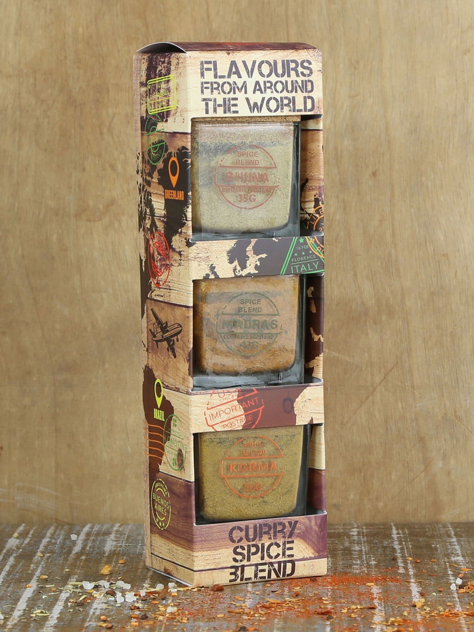 Kimm & Miller curry spice blend set with Korma, Bhuna, and Madras, UK version