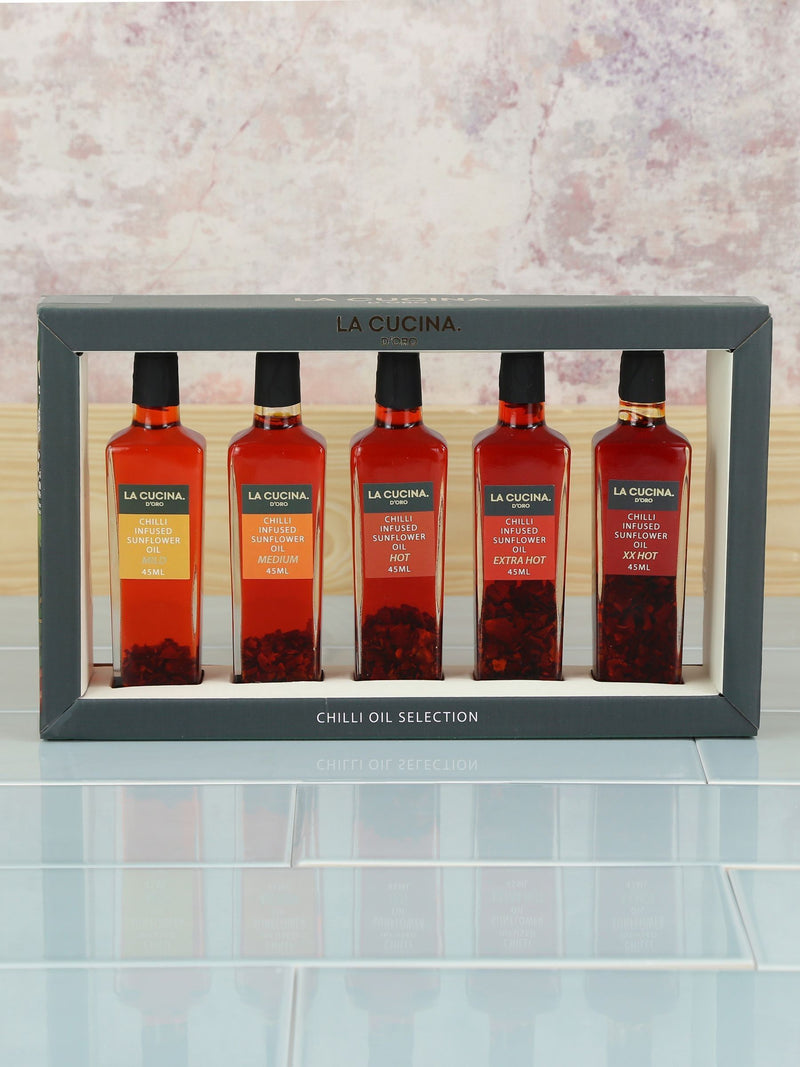 Coffret cadeau assortiment d'huiles au piment avec 5 bouteilles de 45 ml chacune