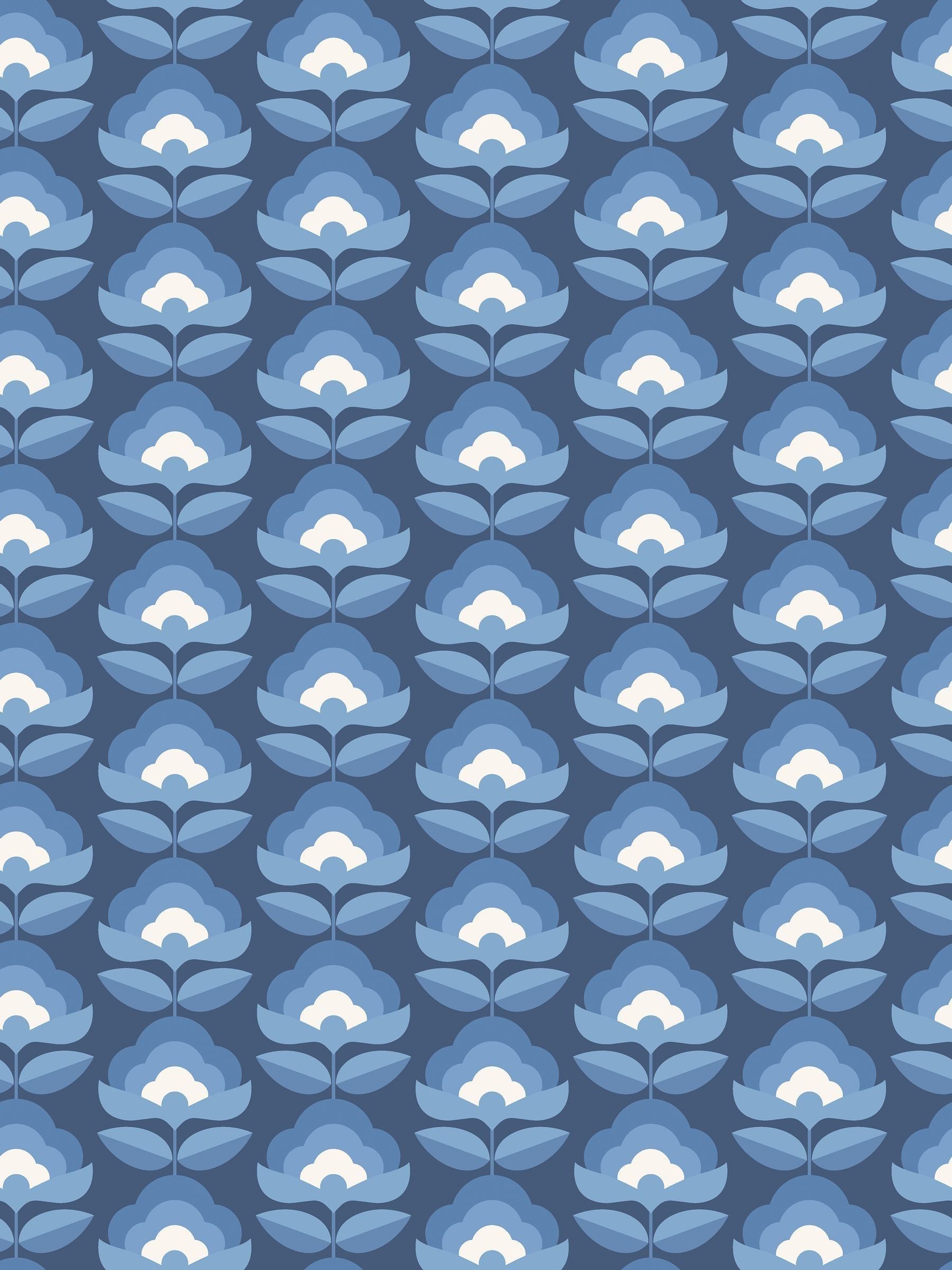 Hoopla Walls wallpaper sample Indigo Mix Retro Flower Print A4, imported from the UK