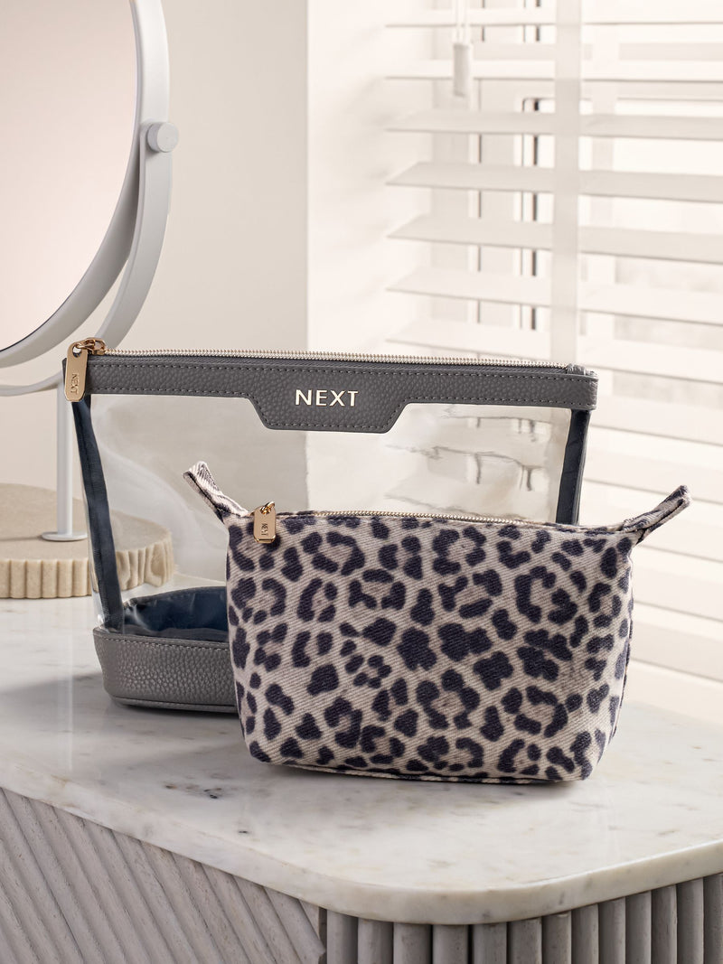 Leopard print makeup bag set with clear mini pouch (British brand)