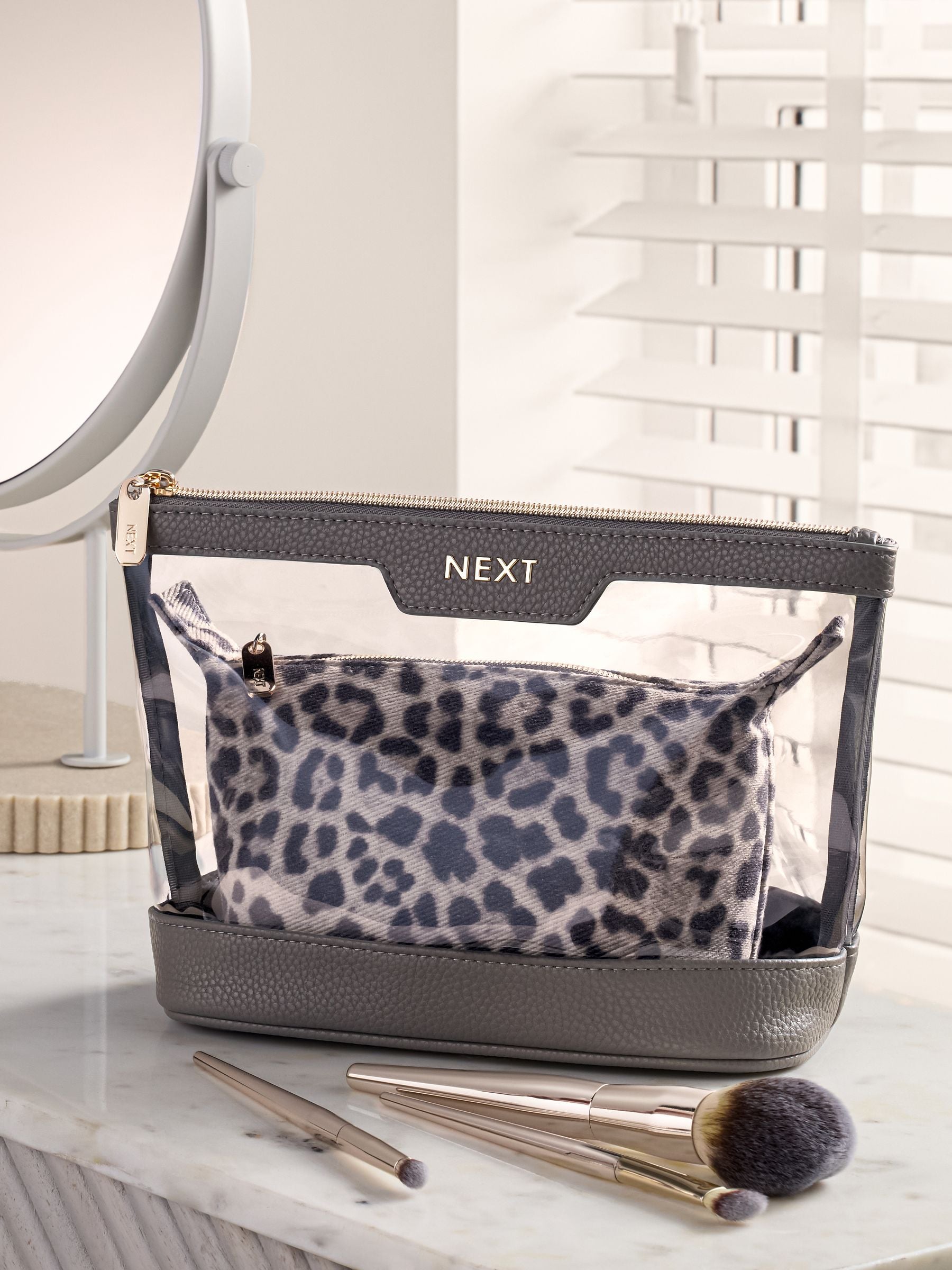 Leopard print makeup bag set with clear mini pouch (British brand)