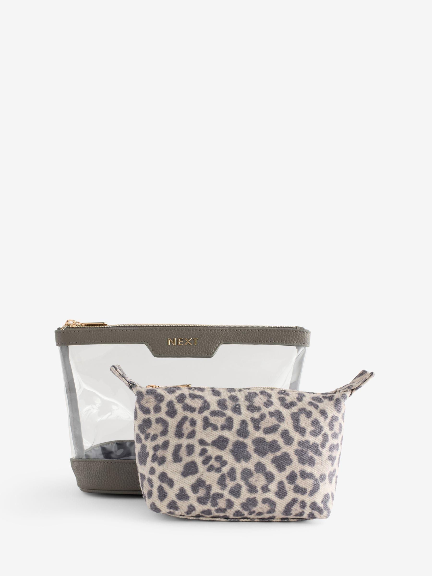 Leopard print makeup bag set with clear mini pouch (British brand)