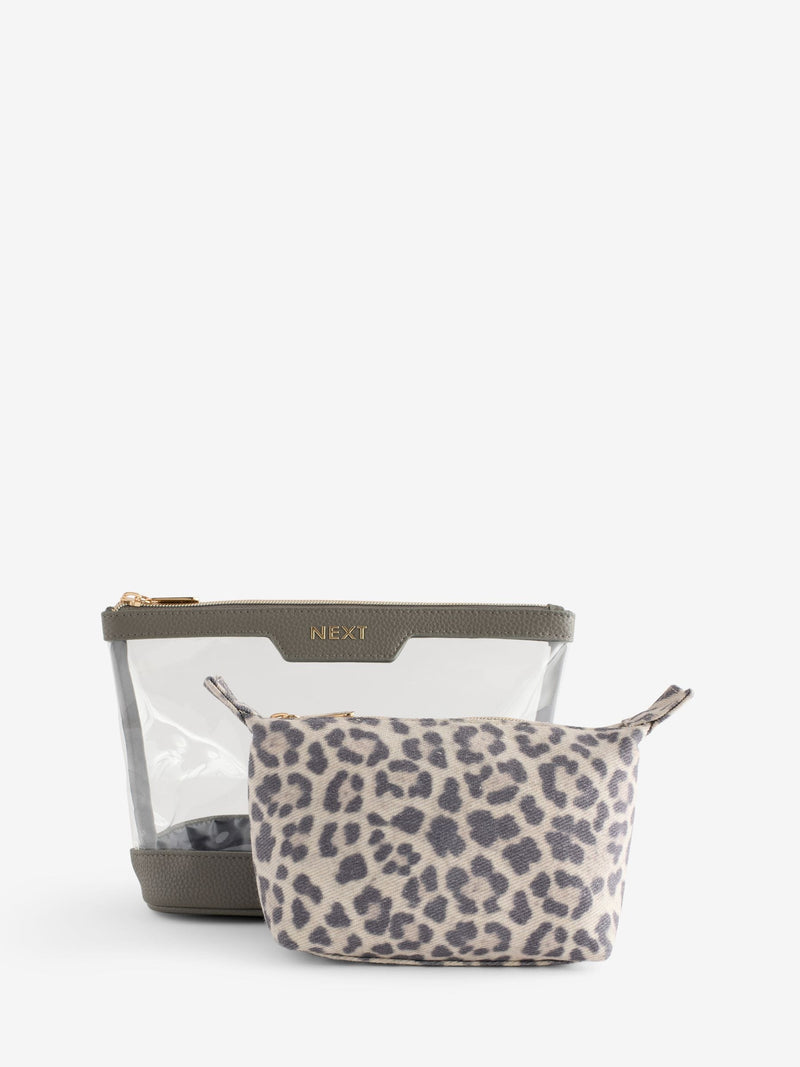Leopard print makeup bag set with clear mini pouch (British brand)