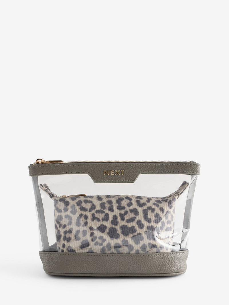 Leopard print makeup bag set with clear mini pouch (British brand)