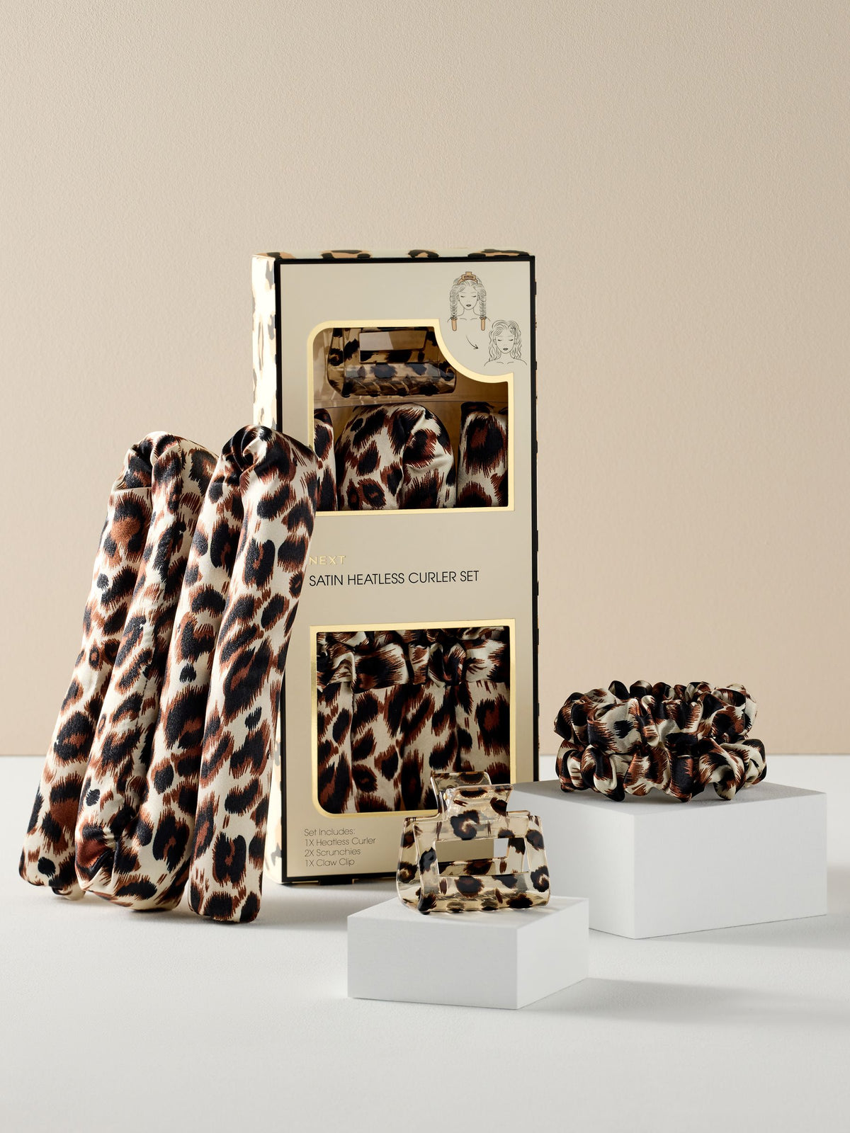 4-piece heatless curler set in leopard print, imported from the UK