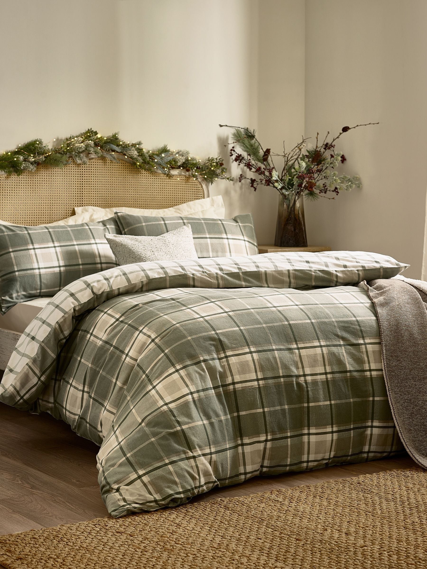 Wylder Nature green brushed cotton braemar check duvet cover set (British brand)