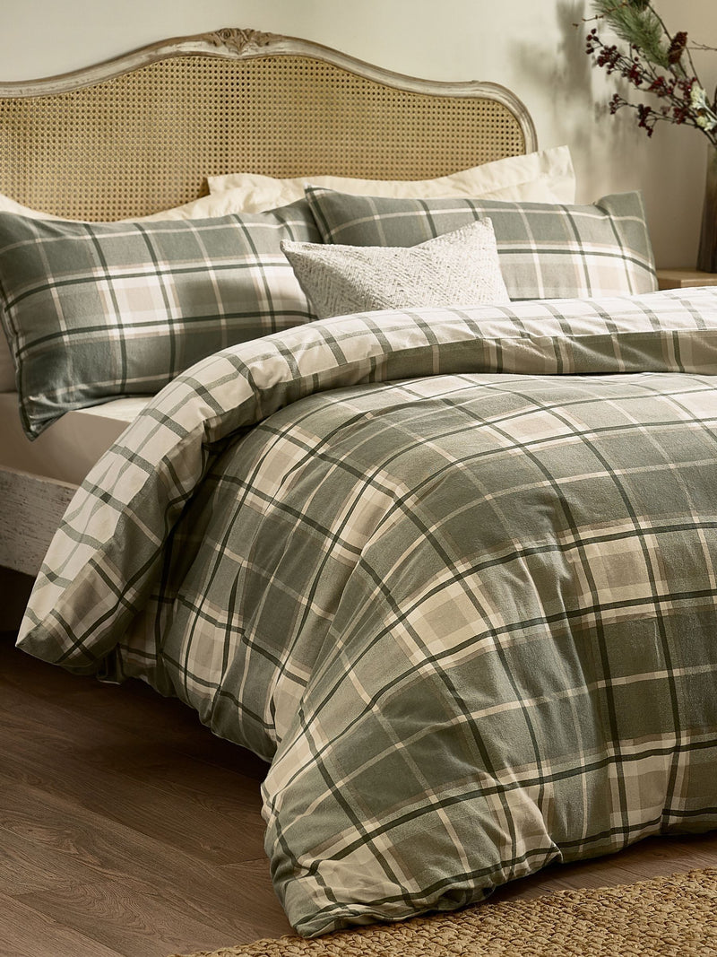 Wylder Nature green brushed cotton braemar check duvet cover set (British brand)