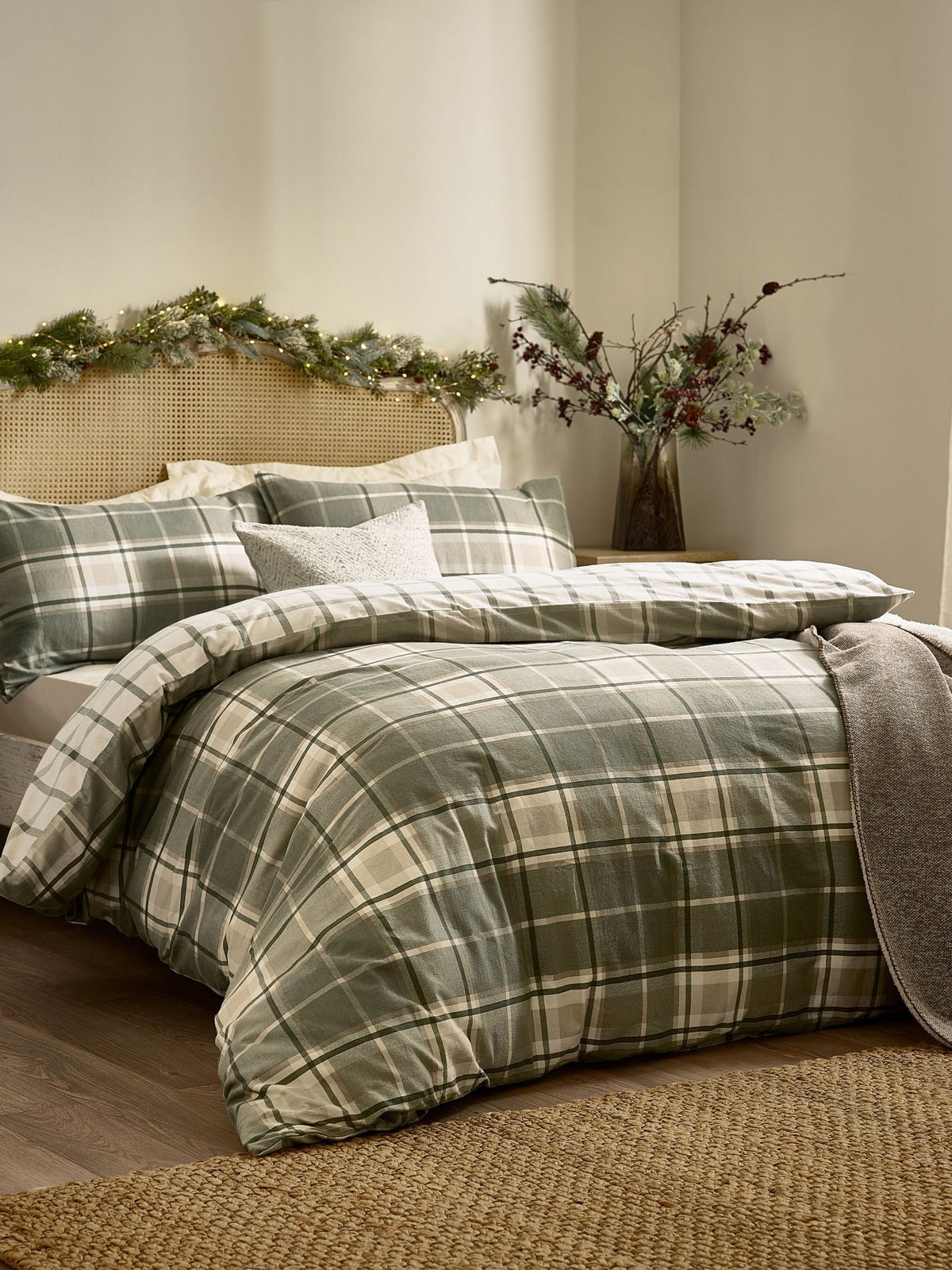 Wylder Nature green brushed cotton braemar check duvet cover set (British brand)