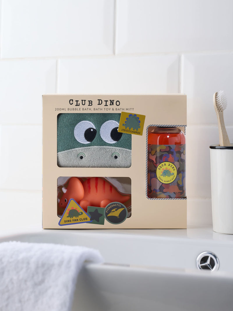 Dino Club bath toy set with bubble bath and mitt, UK version
