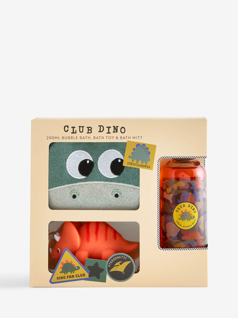Dino Club bath toy set with bubble bath and mitt, UK version