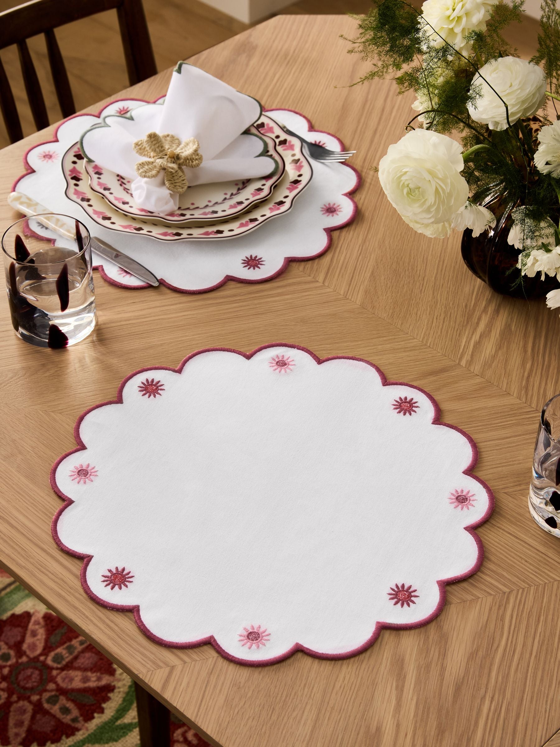 Nina Campbell red floral embroidered placemats 38cm, imported from the UK