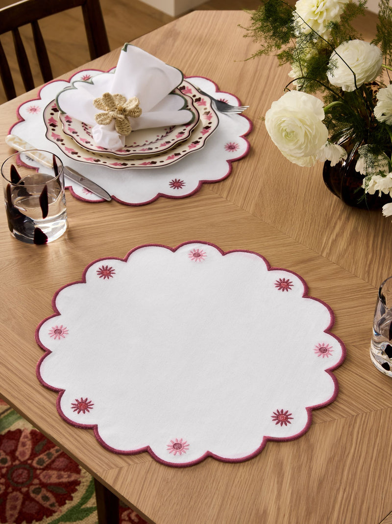 Nina Campbell red floral embroidered placemats 38cm, imported from the UK