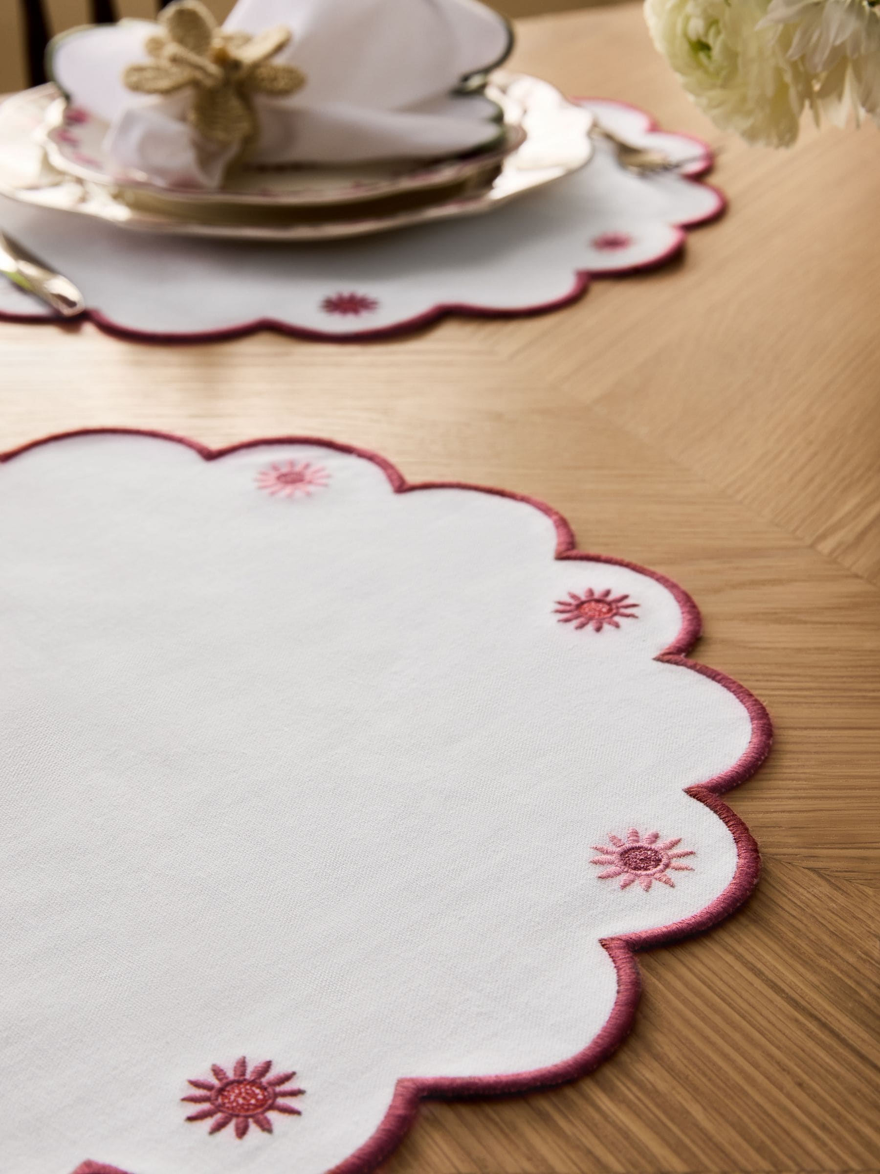 Nina Campbell red floral embroidered placemats 38cm, imported from the UK