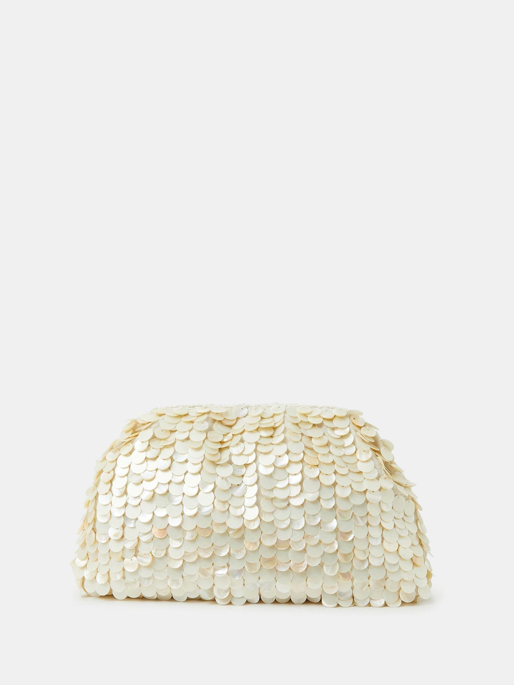 Accessorize cream pearl shell embellished clutch bag, UK version