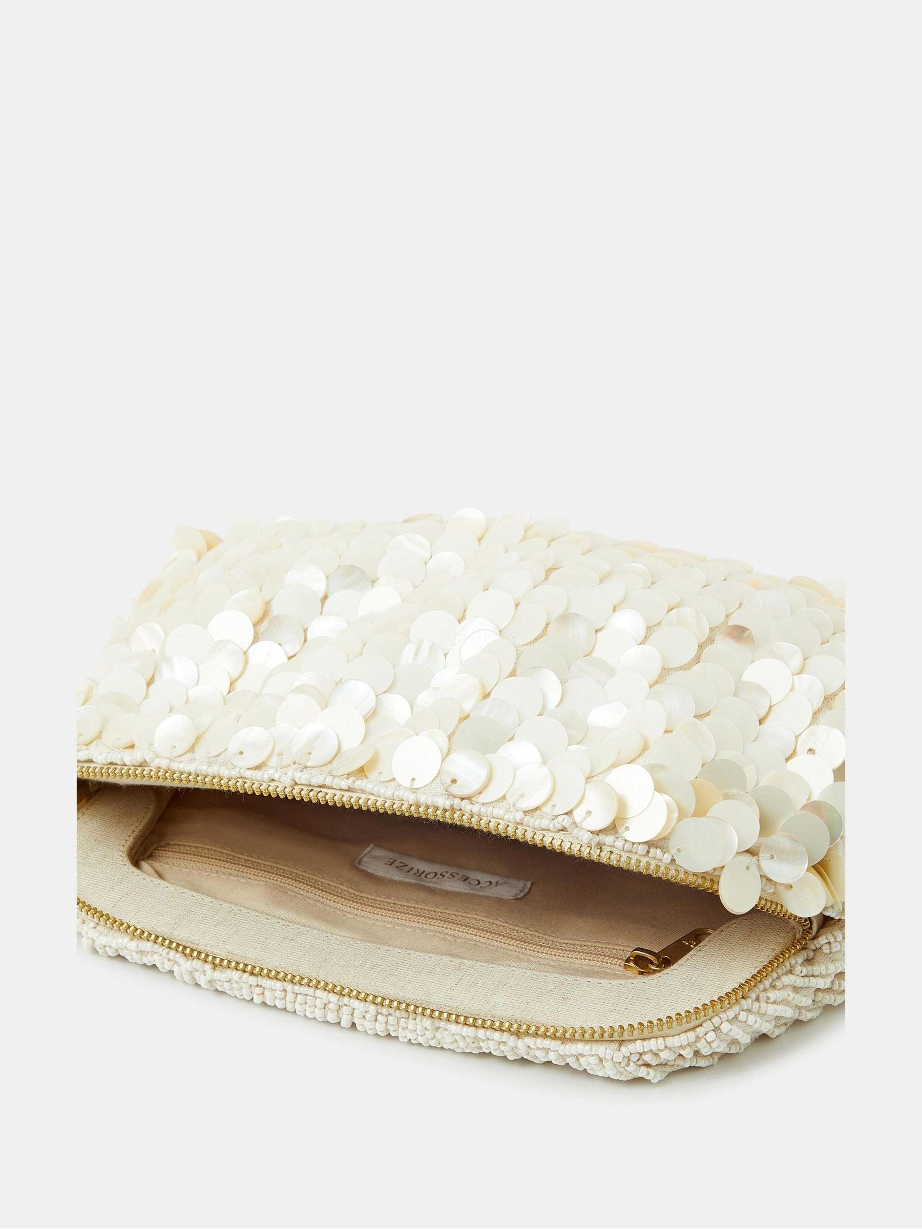 Accessorize cream pearl shell embellished clutch bag, UK version