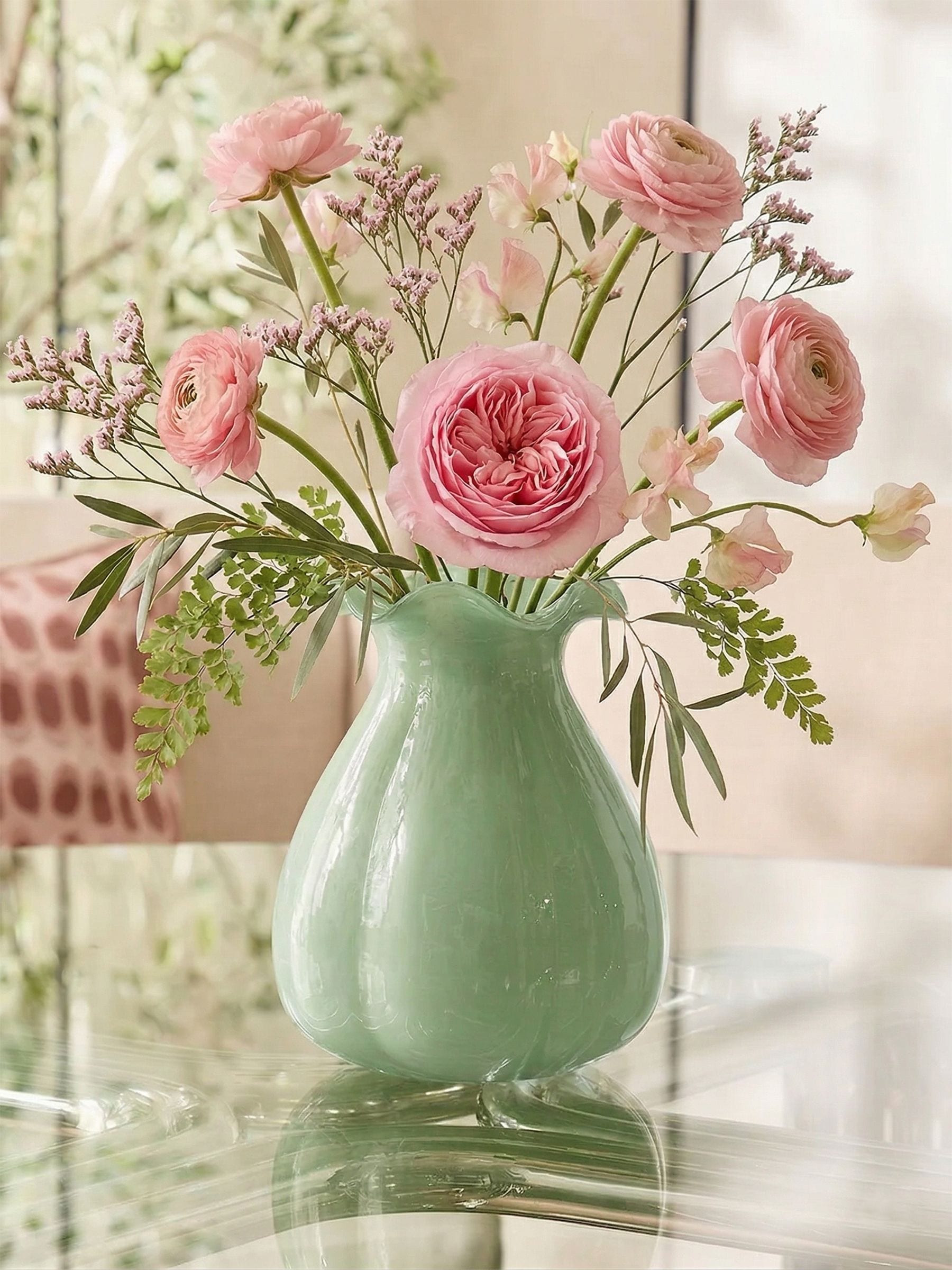 Sage green scalloped glass vase 23cm, UK version