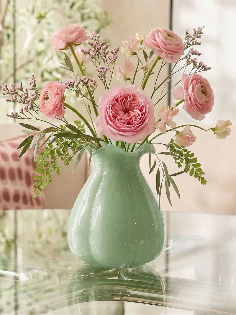 Sage green scalloped glass vase 23cm, UK version
