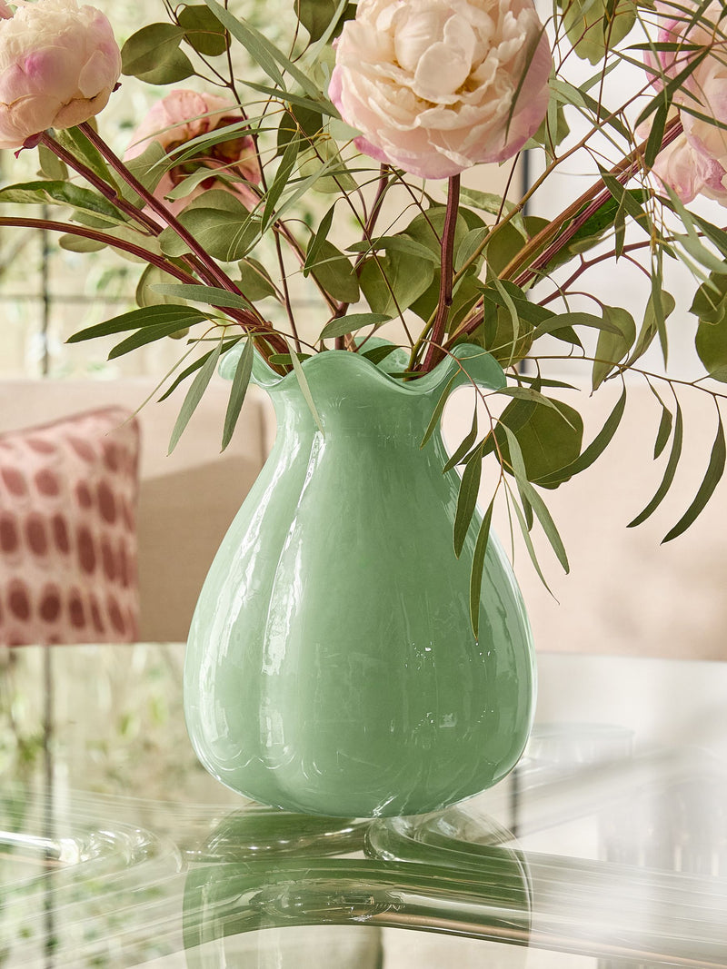 Sage green scalloped glass vase 23cm, UK version