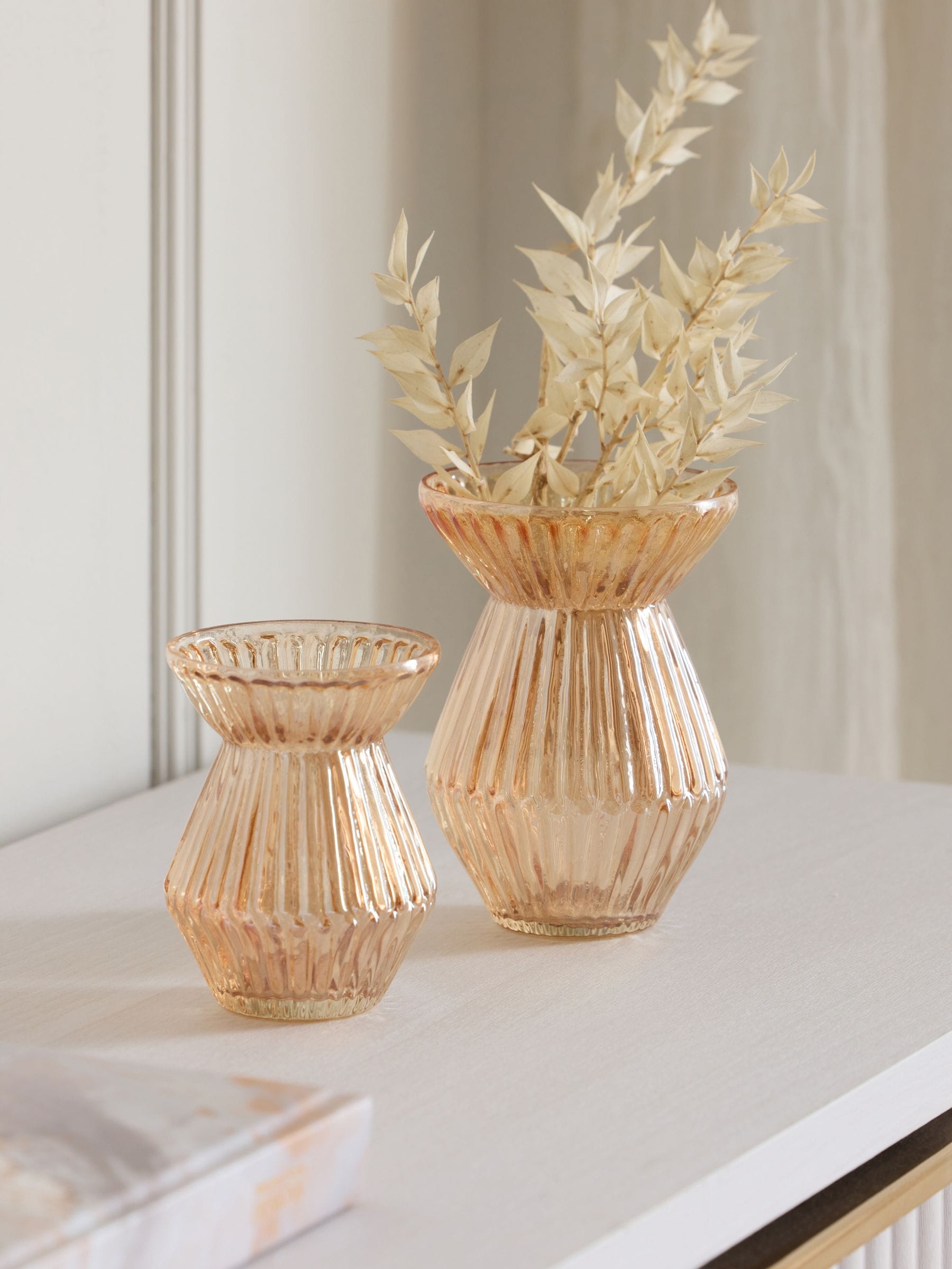 Gold lustre ribbed glass vases set of 2, imported from the UK