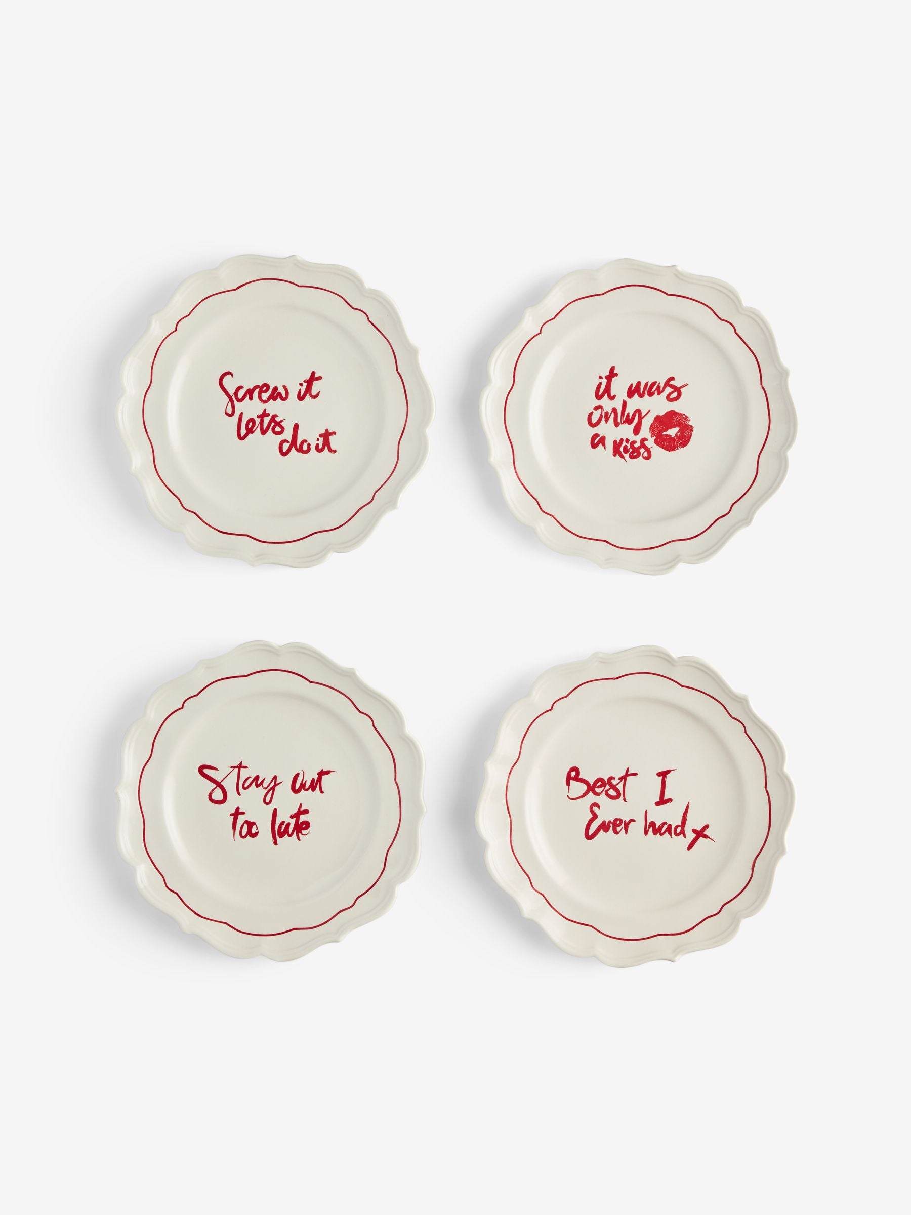 Rockett St George set of 4 red and cream lipstick side plates - British product