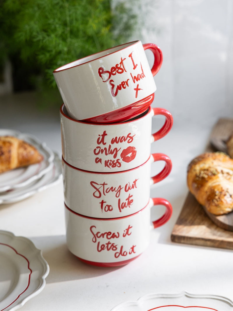 Rockett St George set of 4 red cream lipstick stacking mugs 7cm, imported from the UK