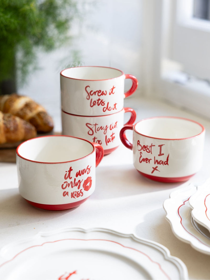 Rockett St George set of 4 red cream lipstick stacking mugs 7cm, imported from the UK