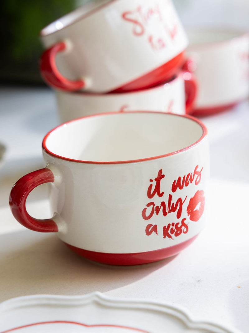 Rockett St George set of 4 red cream lipstick stacking mugs 7cm, imported from the UK