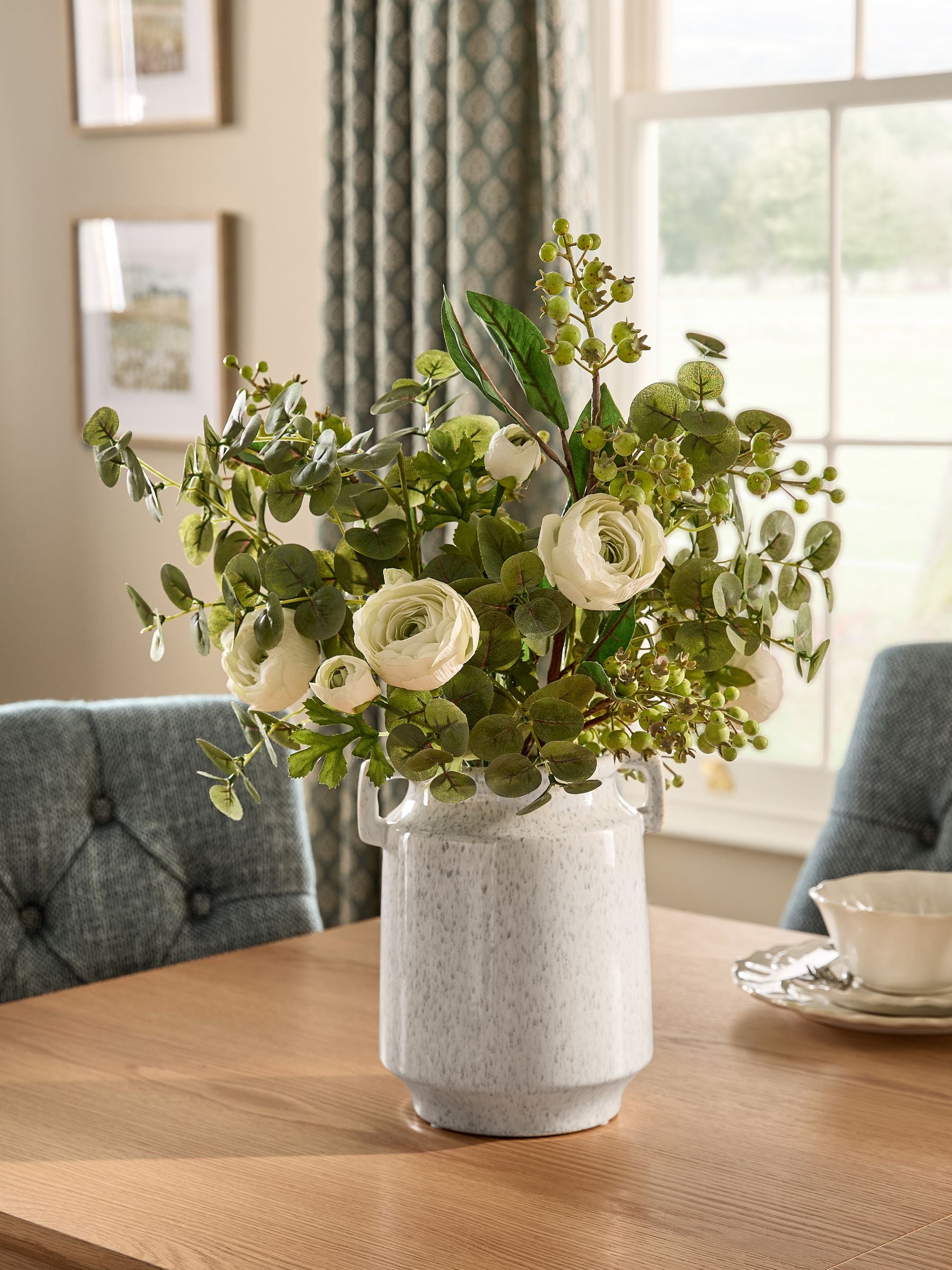 White artificial floral arrangement in ceramic vase 55cm, UK version