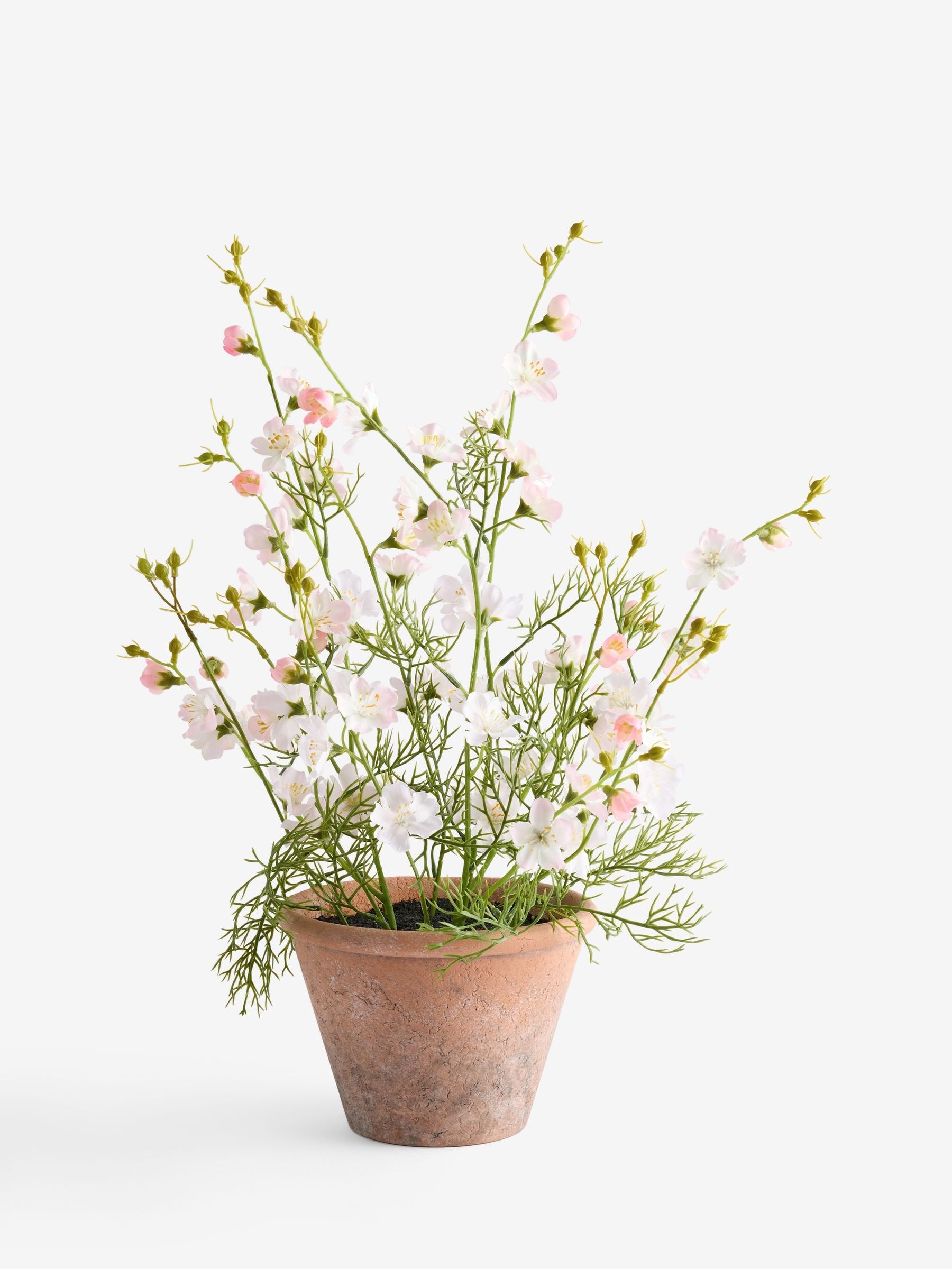 Pink-white artificial flowering plant in terracotta pot (British brand)