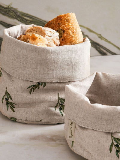 مجموعة Sophie Allport المكونة من قطعتين من سلال الخبز من الكتان الطبيعي بتصميم الزيتون