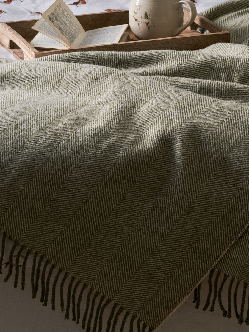 Sophie Allport olive green wool herringbone throw - British product