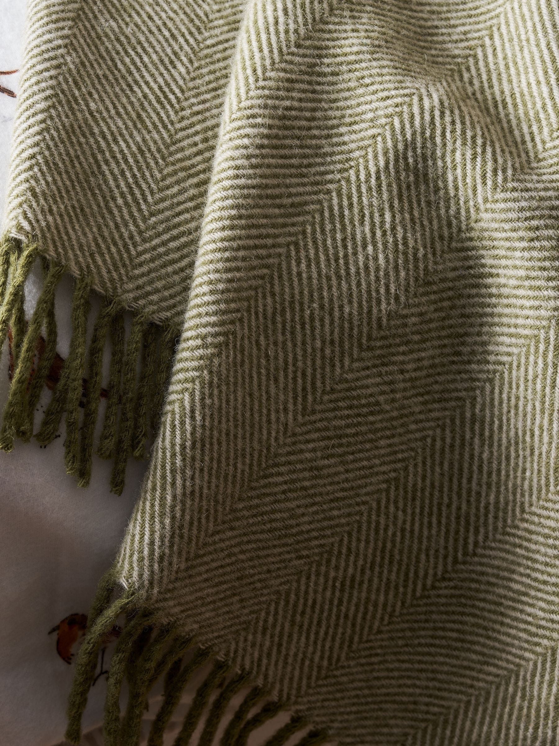 Sophie Allport olive green wool herringbone throw - British product