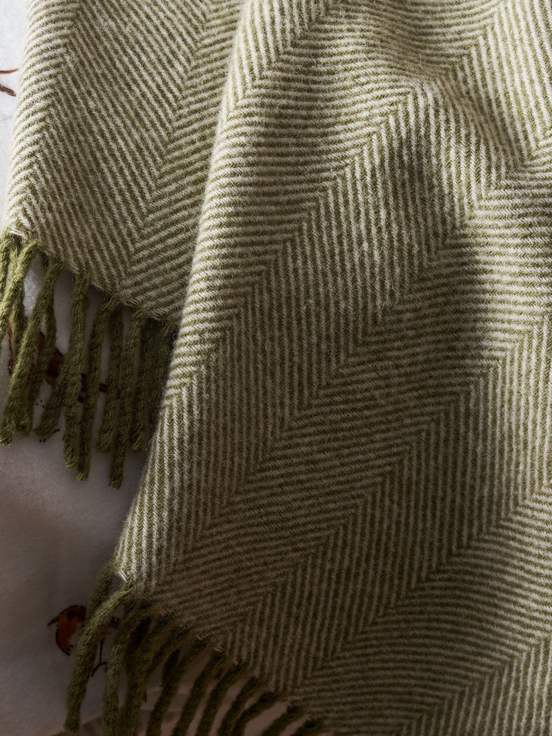 Sophie Allport olive green wool herringbone throw - British product