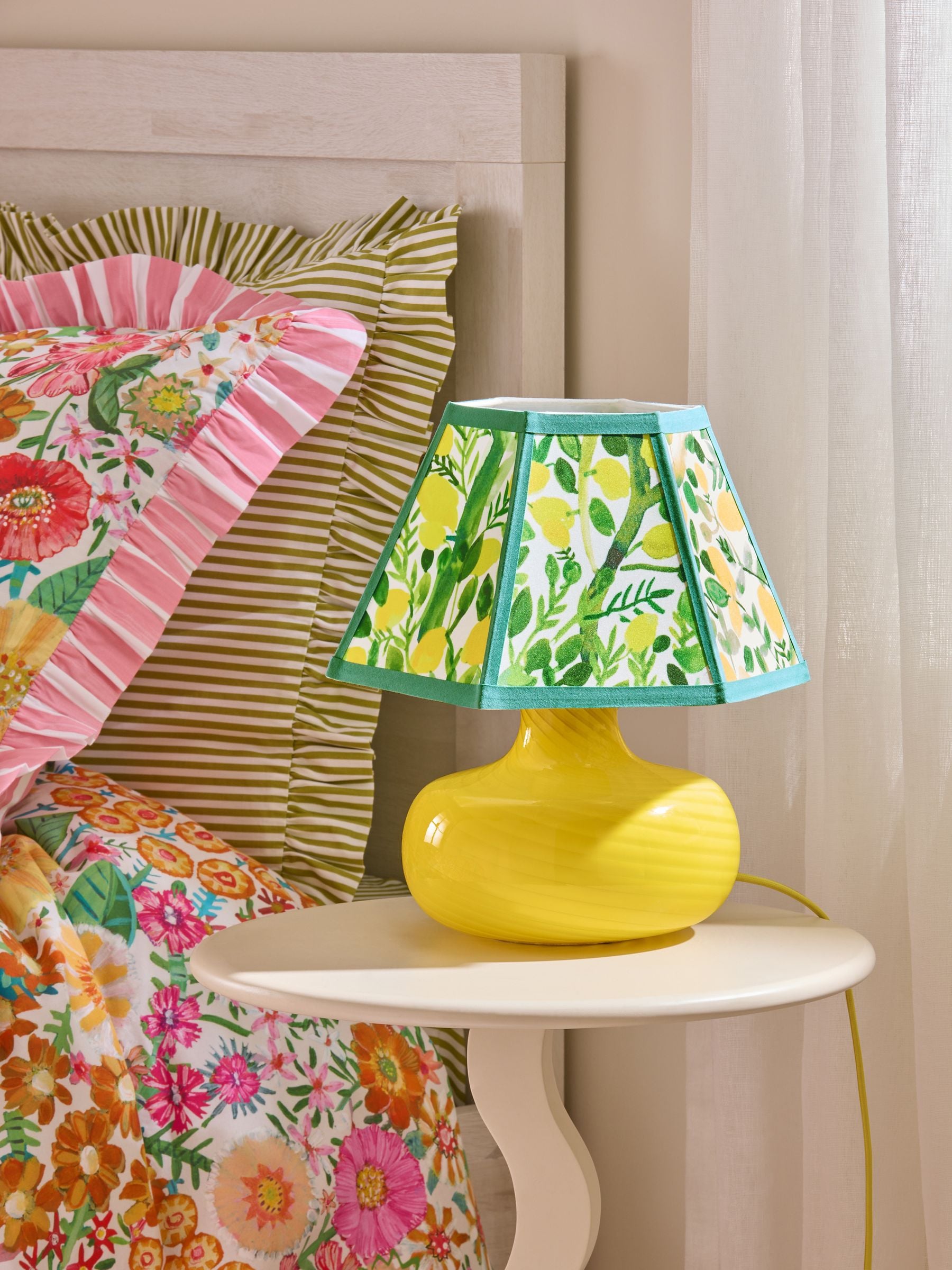 Lucy Tiffney yellow lemons swirl glass table lamp, imported from the UK