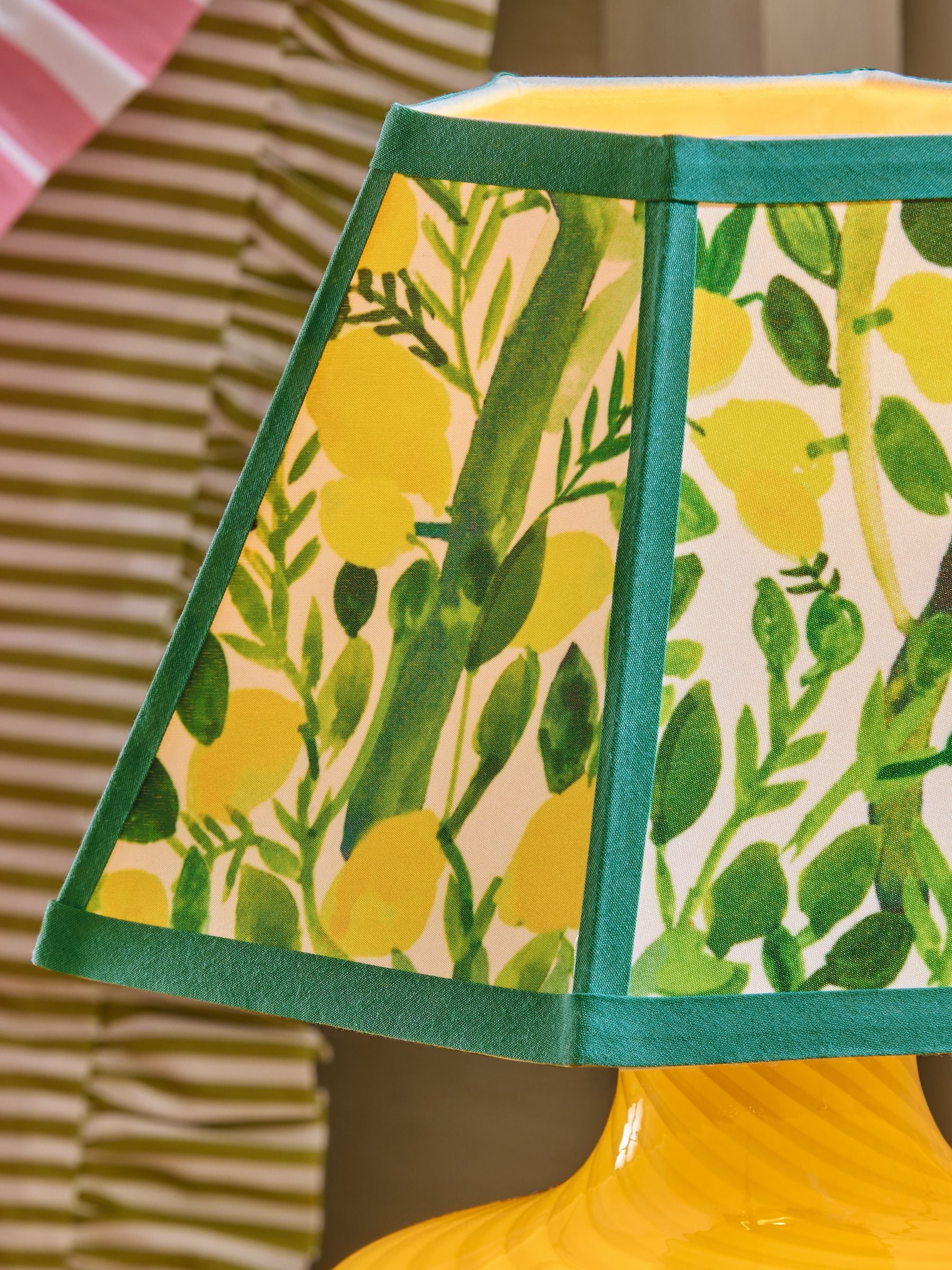 Lucy Tiffney yellow lemons swirl glass table lamp, imported from the UK