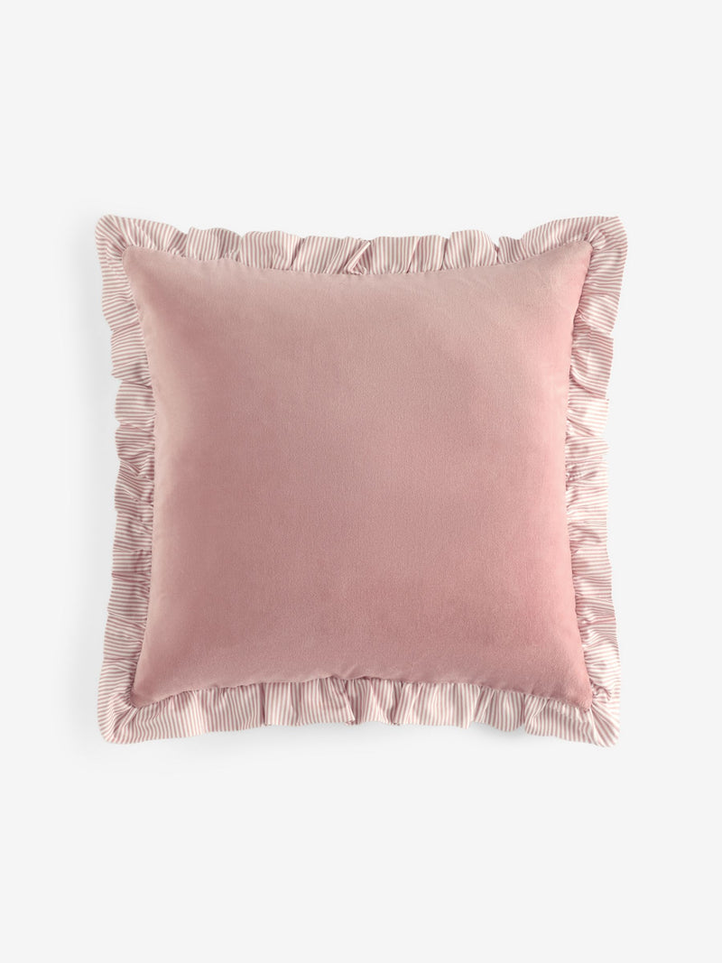 Pink velvet cushion ruffle trim 43cm, UK version