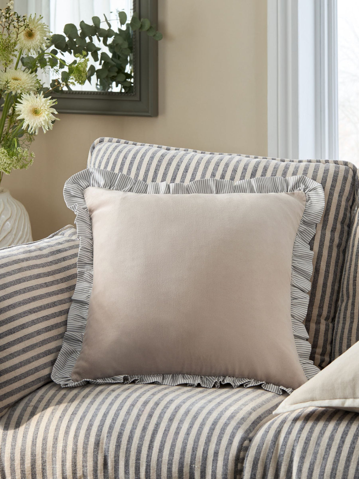 Natural 43 x 43cm Ruffle Trim Velvet Cushion
