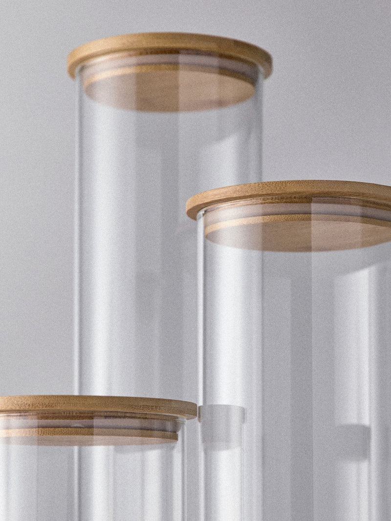 Clear glass storage jars 3 pack wooden lids - British product