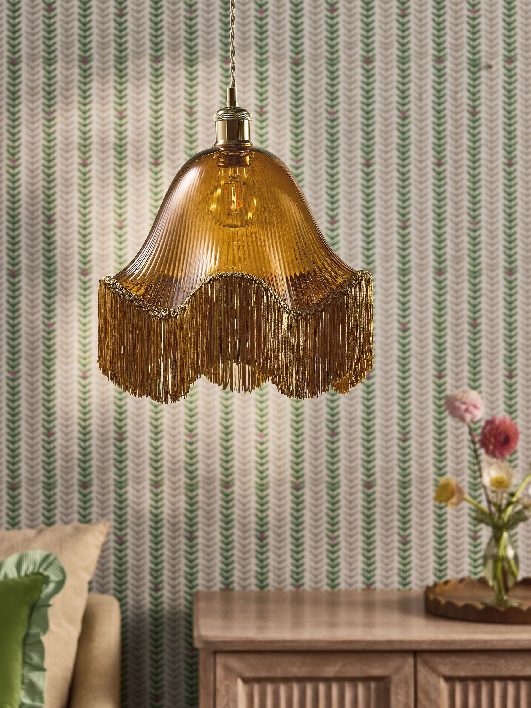 Wroxton fringed ceiling light shade amber orange 31.5cm, imported from the UK