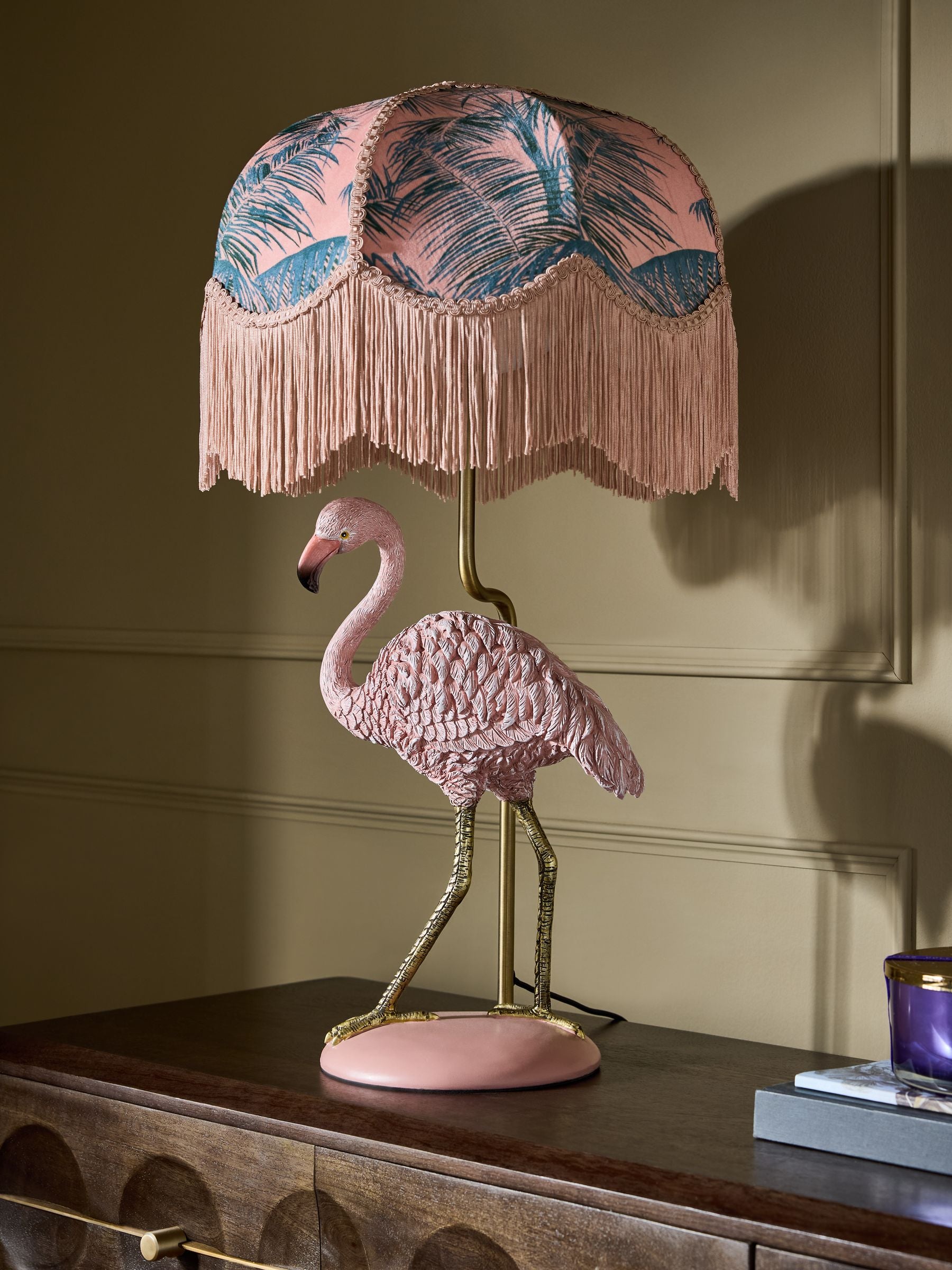 Pink Florence Flamingo fringed table lamp (British brand)