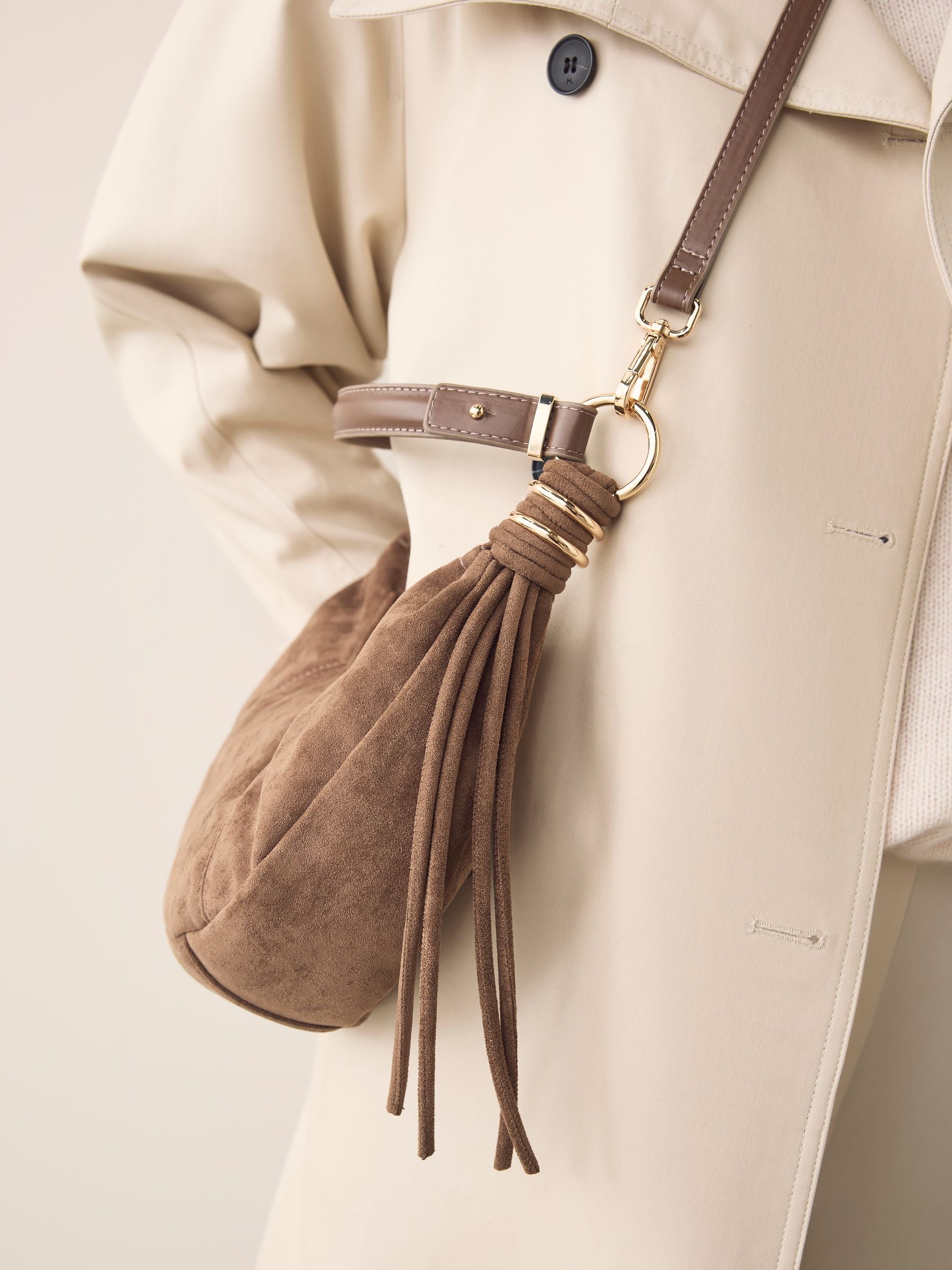 Faux suede sling shoulder bag tan brown - British product